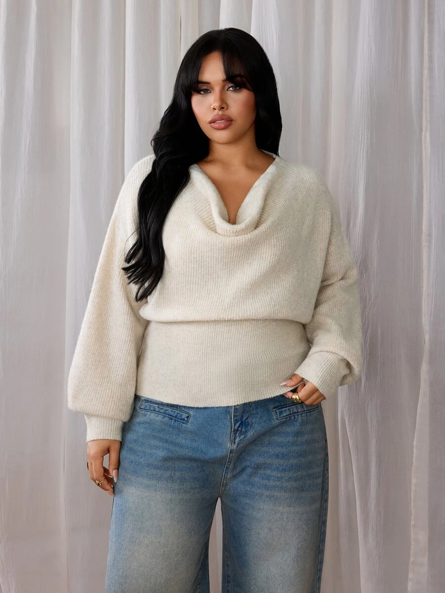 Rustia Plus Size Women Knit Sweater, Draped Cowl Neck Lantern Long Sleeve Knitted Top, Ribbed Hem Slim Fit Solid Color Elegant Fall Winter Essential - Apricot - View 1