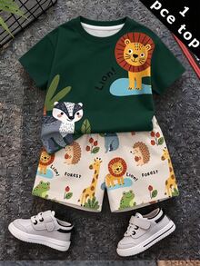 Baby Boy Casual Minimalist Top, Suitable For Spring/Summer, Classic Cute Cartoon Hand-Drawn Animal Print, Lion, Raccoon Cartoon Image Print, Suitable For Autumn/Winter Layering - White - View 2