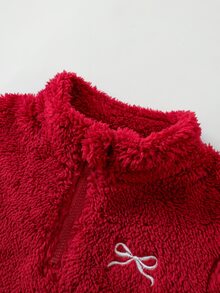 SHEIN 2件組幼童女款運動衫+運動長褲 可愛酒紅色蝴蝶結刺繡飾邊 半拉鍊長袖立領 開學季秋季套裝 - 紅色 - 查看 5