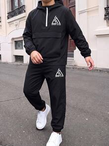 SHEIN 兒童青少年男孩休閒運動圖案黑色連帽夾克與黑色長褲套裝，適合秋冬、學校、家庭聚會、度假、派對，男孩套裝 - 黑色 - 查看 2