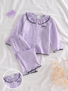 2件組女嬰居家服套裝，淺紫色波點開襟睡衣套裝，附荷葉邊飾與蝴蝶結，柔軟親膚長袖長褲女嬰休閒服 - 紫色 - 查看 3