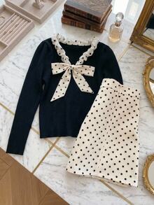 Muvela Women's Colorblock Polka Dot Bow Decor Long Sleeve Top And Skirt Elegant Set - Black and White - View 4