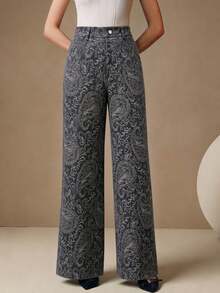 Anewsta Modern Design Digital Print Casual Gray Blue Long Pants Women Spring Autumn New High Waist Loose Slimming Versatile Straight Leg - Dusty Blue - View 1