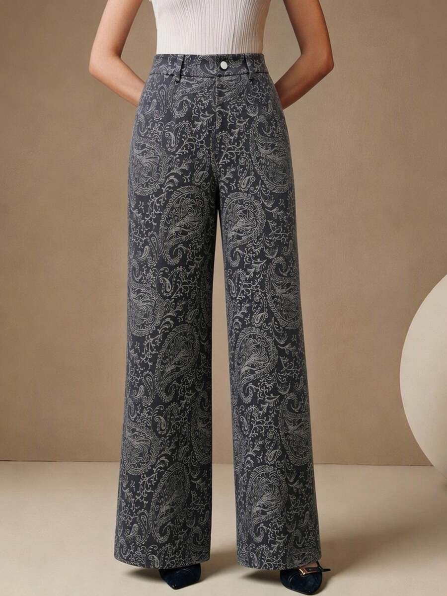 Anewsta Modern Design Digital Print Casual Gray Blue Long Pants Women Spring Autumn New High Waist Loose Slimming Versatile Straight Leg - Dusty Blue - View 1