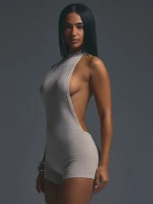 MUSERA Grey Knit Backless Halterneck Playsuit Romper Fall Autumn Winter Halloween Party Going Out Concert Rave Disco Graphic Camo Sexy Thanksgiving - Light Grey - View 3