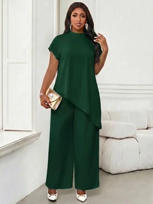 SHEIN Lady 大尺碼女款純色立領休閒優雅百搭上衣，適合日常穿著、正式場合、早午餐、深綠色夏季辦公室派對 - 墨綠色 - 查看 5