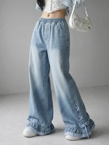 FRIFUL Women's Elastic Waist Casual Versatile Daily Wear Jeans Everyday School Light Blue Fall - Blue - View 7