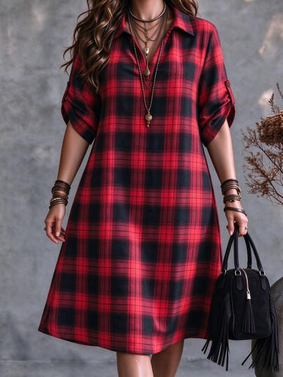 SHEIN Tall CURVE Cotton Plus Size Plaid Shirt Dress With Turn-Down Collar, Half-Open V-Neck Design, Adjustable Rolled Short Sleeves, Straight Loose Fit, Classic Plaid Pattern, Soft And Comfortable Fabric, Casual And Relaxed Style For Daily Wear, Shopping, Home And Short Trips