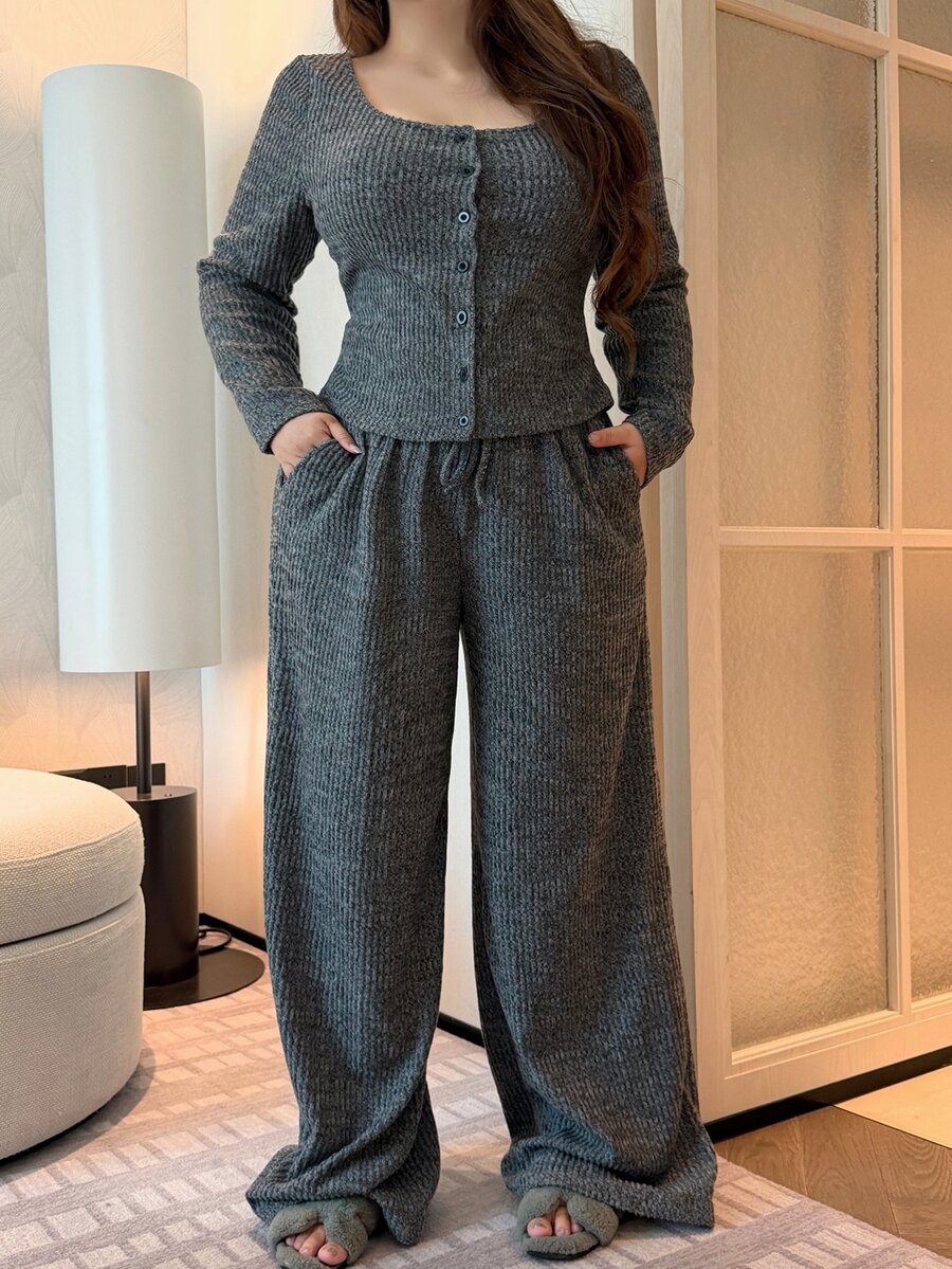 Vibekara Plus Size Ribbed Casual Open Front T-Shirt & Straight Leg Pants 2pcs Set - Dark Grey - View 1