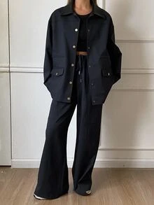 Livesso Petite Women's Solid Color Long Sleeve Jacket And Pants Casual Daily 2 Pieces Set - Blue - View 1