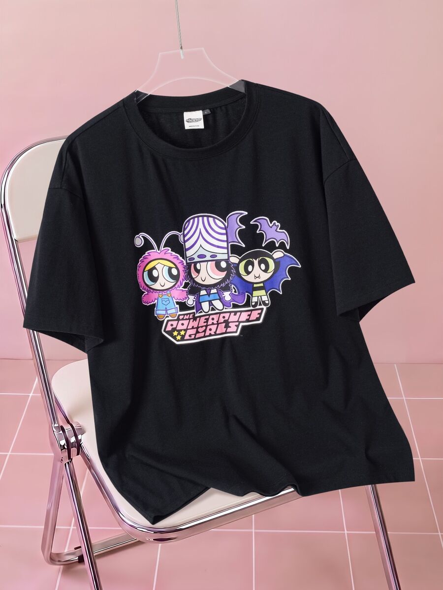 THE POWERPUFF GIRLS X SHEIN Men's Crew Neck Short Sleeve Casual T-Shirt - Black - View 1