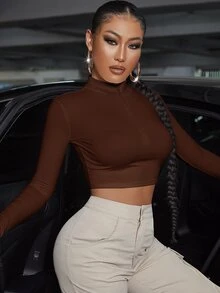 SHEIN SXY 春夏高領半拉鍊短版白色長袖T恤 - 棕色 - 查看 6