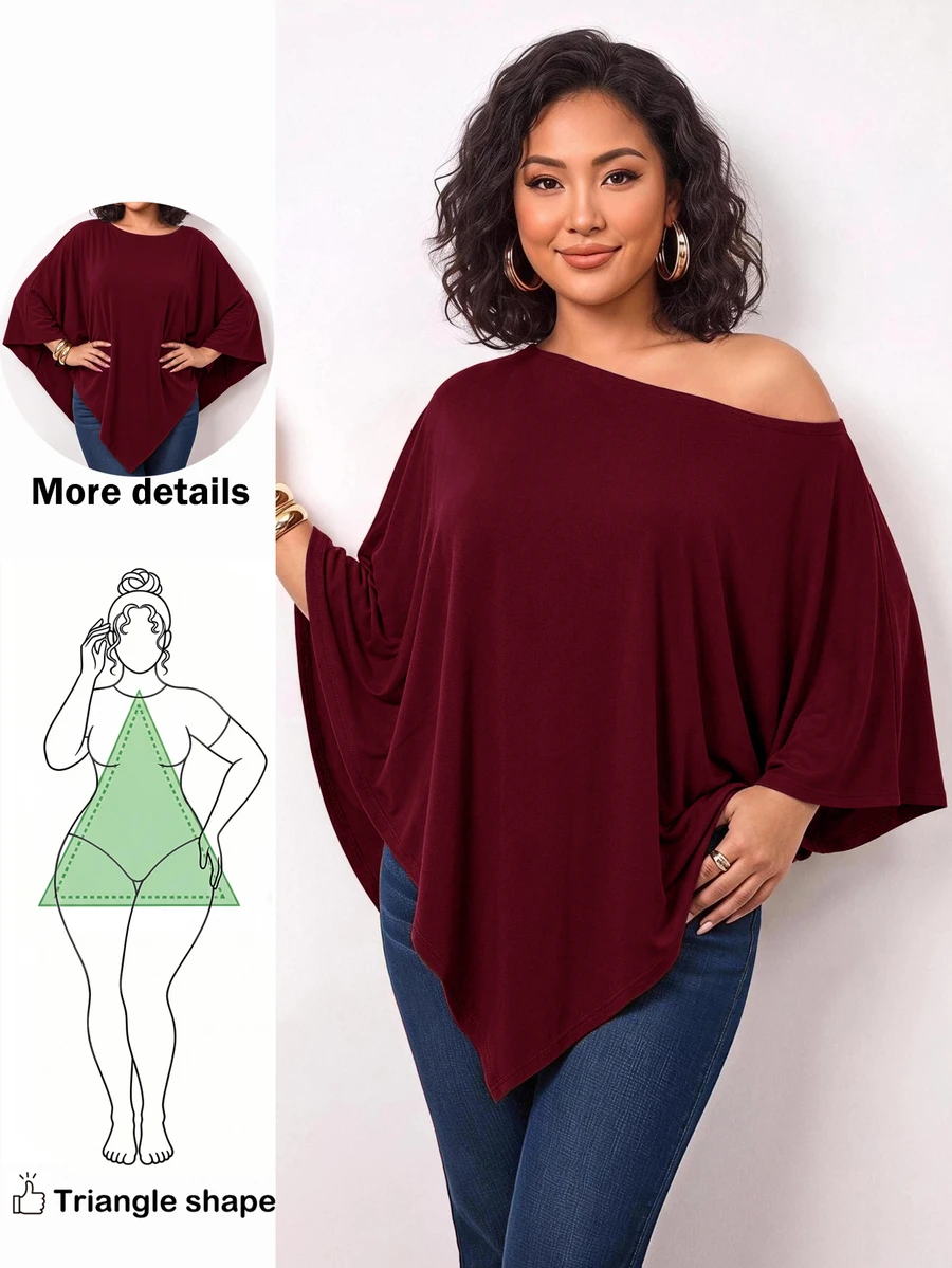 Enliva Plus-Size Knitted One-Shoulder Asymmetrical Pleated Cape Top - Burgundy - View 1