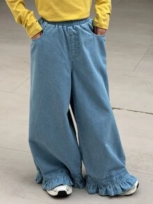 DAZY Tween Girl) Straight Leg Casual Lace Trim Long Pants Washed Denim Jeans Autumn/Winter - Blue - View 1