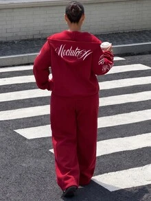 Muchica Plus Size Women's Letter Print Zip-Up Hoodie And Sweatpants Casual 2 Pieces Set - Burgundy - View 2