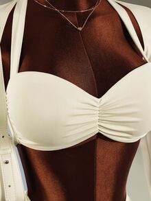 Amplova Women's Solid Color Long Sleeve Tank Top, Ruched Halter Neck Bra And Shorts Sports Set - White - View 6