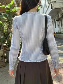 DAZY 女款荷葉邊條紋無袖上衣，清新甜美夏季風格 - 淺藍色 - 查看 2