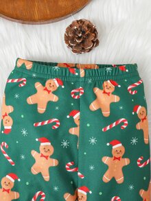 SHEIN Infant Toddler Cute Gingerbread Man Print Pattern Fitted Loungewear Set - Green - View 7