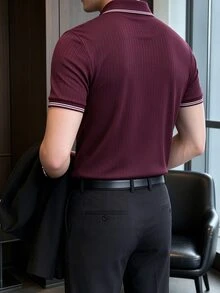 JOLTRO 男士半開襟鈕扣條紋短袖 Polo 衫 - 酒紅色 - 查看 2