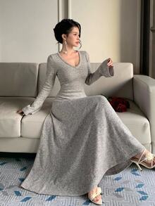 DAZY Women's Rhinestone Trim V-Neck Bell Sleeve Elegant Knit Dress - Apricot - View 4