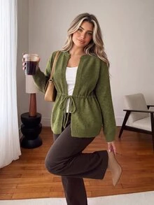 Vionelle Plus Size Vintage Lace-Up Long Sleeve Knit Cardigan - Green - View 3