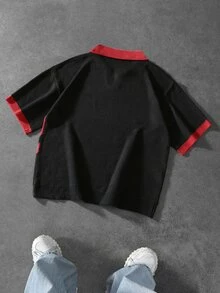 Manfinity Homme 男士拼色翻領短袖做舊休閒針織上衣 - 紅色 - 查看 2
