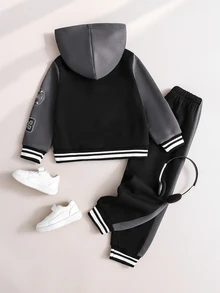 SHEIN 男童運動衫套裝，秋冬新款長袖連帽運動外套與長褲2件套，舒適休閒穿搭，適合日常穿著、居家穿著、兄弟裝，時尚休閒設計，亦適合夏季穿著，適合4-7歲男童日常穿著，適用於運動、外出、學校、返校季 - 杏色 - 查看 2