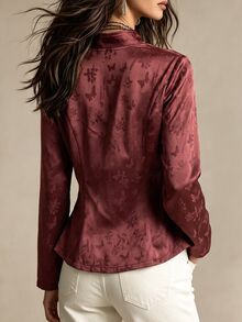SHEIN Women's Dark Jacquard Stand Collar Asymmetric Front Waist-Cinching Ruffle Hem Long Sleeve Short Jacket - Brown - View 2