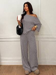 Siren Gaze Women's Striped Cold Shoulder Drop Sleeve T-Shirt And Long Pants Casual Set - Multicolor - View 4