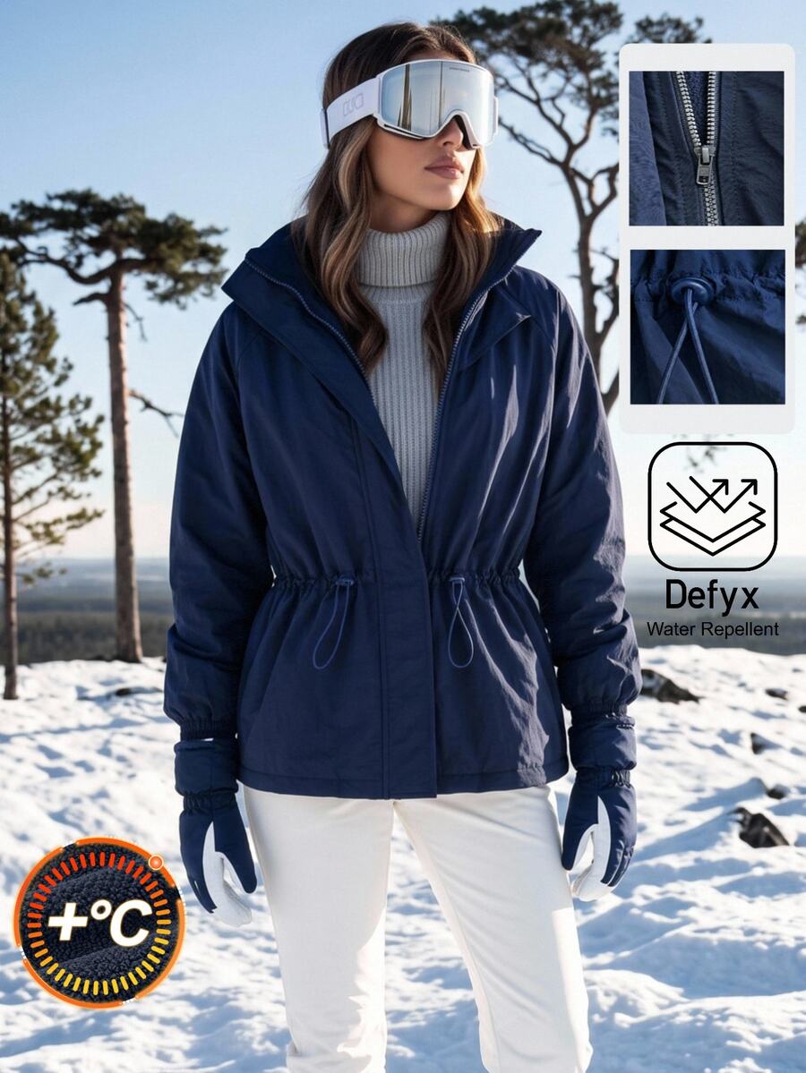SHEIN BASICS جاكيت سوفت شيل نسائي برقبة عالية وسحاب وحبل شد وأكمام طويلة للاستخدام الخارجي - أزرق بحري - مشاهدة 1