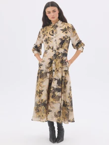 KÆRIA Hus Gaun Midi Bertingkat dengan Kancing Depan - Tenun Slub Halus - Motif Botani Antik - Romantis, Pernyataan - MultiWarna - View 5