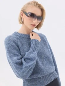 KÆRIA Hus Raglan Sleeve Crew Neck Marle Knit Sweater - Dusty Blue - Relaxed, Cosy, Layering, Modern - Navy Blue - View 6