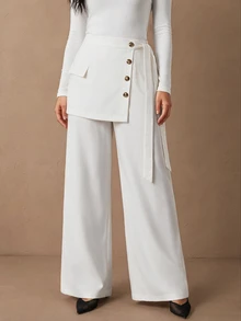 Juhart Plus Size Women Solid Color Button Design Side Waist Knot 2 In 1 Elegant Long Pants - White - View 1