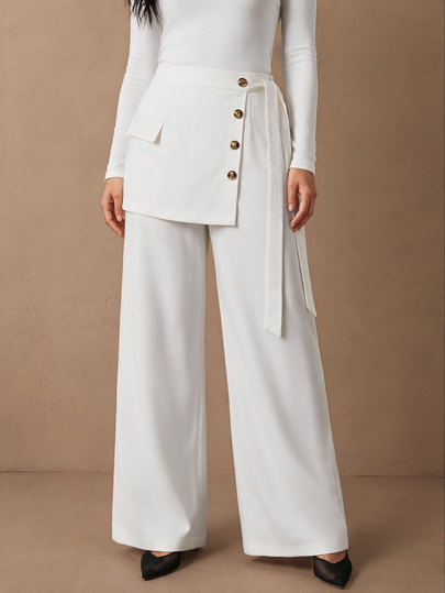 Juhart Plus Size Women Solid Color Button Design Side Waist Knot Faux Two-Piece Elegant Long Pants
