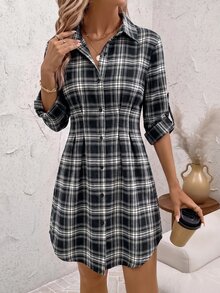 SHEIN Clasi 女款休閒復古2000年代格紋前扣洋裝，秋季職場棕色格紋 - 黑色 - 查看 3