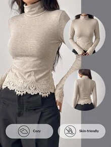 GalTyme Plus Size Women's Lace Patchwork Casual Everyday Long Sleeve T-Shirt - Apricot - View 1