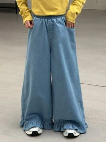 DAZY Tween Girl) Straight Leg Casual Lace Trim Long Pants Washed Denim Jeans Autumn/Winter - Blue - View 6