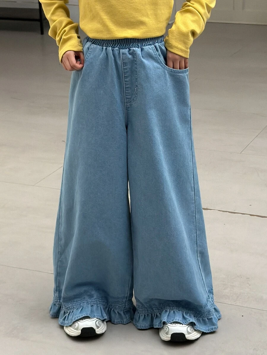 DAZY Tween女孩直筒休閒蕾絲飾邊長褲 水洗牛仔褲 秋冬款 - 藍色 - 查看 1