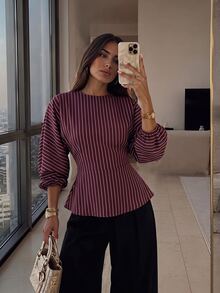Firerie 女款新款極簡優雅浪漫休閒都市通勤時尚百搭深酒紅條紋圓領蝙蝠袖長袖收腰繫帶X型修身襯衫，教師穿搭，秋季穿著 - 彩色 - 查看 1