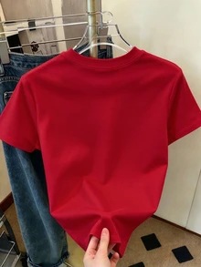 青少年女孩T恤，女孩聖誕鹿圖案T恤，紅色短袖圓領夏季上衣，適合女孩，休閒時尚，聖誕日常穿著，可愛休閒風格，適合女孩與兒童，活潑兒童服飾 - 彩色 - 查看 3