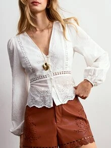 Willow Rêve Women's White Embroidered V-Neck Petal Sleeve Blouse - White - View 1