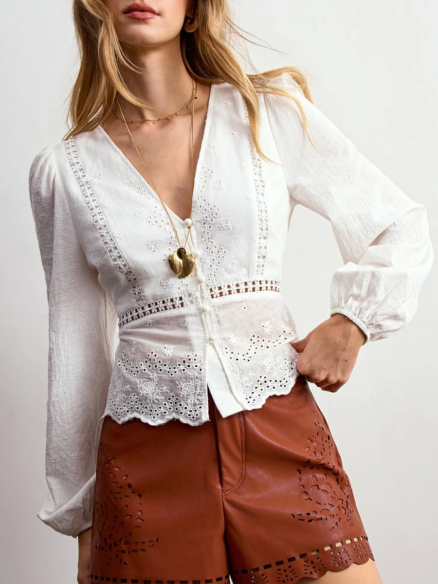 Willow Rêve Women's White Embroidered V-Neck Petal Sleeve Blouse - White - View 1