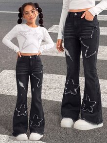 SHEIN 少女時尚貼花刺繡鈕扣口袋喇叭牛仔褲 - 黑色 - 查看 1