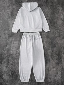 SHEIN 兒童青少年男孩休閒大字母圖案連帽衛衣與慢跑褲套裝，麻灰色，適合秋冬、學校、家庭聚會、派對，男孩套裝 - 灰色 - 查看 3