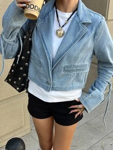 DAZY Women's Lapel Neck Long Sleeve Casual Versatile Denim Jacket - Blue - View 3