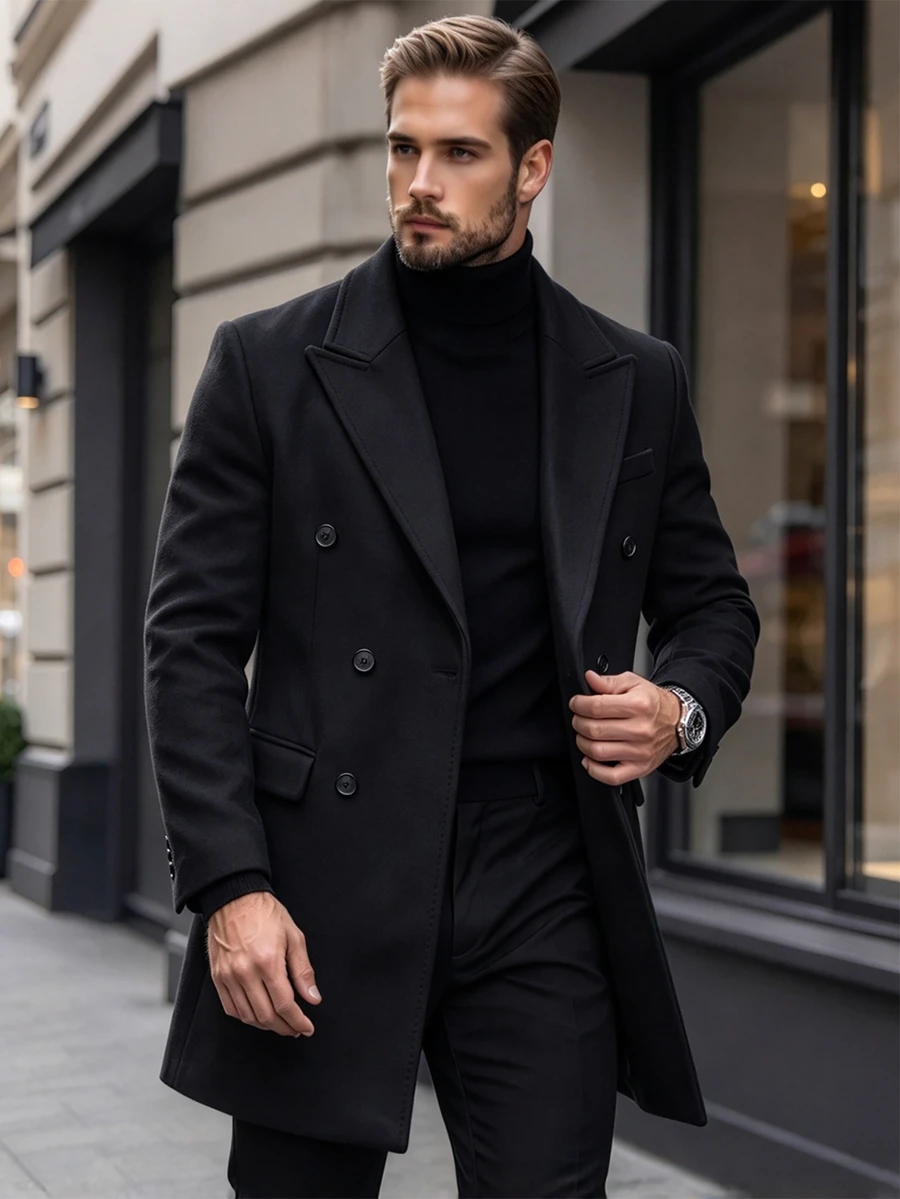 Manfinity Bizformal Men's Solid Color Long Sleeve Casual Double-Breasted Overcoat - Black - View 1