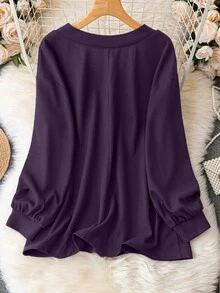 EMERY ROSE Plus Size Solid Color Casual Long Sleeve T-Shirt, Suitable For Spring And Autumn Fall Cloth For Women - Purple - View 2