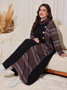 Lacomfia Minimalist Casual Solid Color Patchwork Print High Neck Long Sleeve Loose Regular Fit Plus Size Dress For Spring And Autumn - Multicolor - View 4