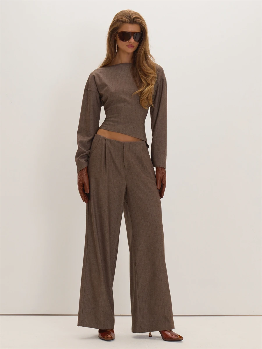 MUSEYN Beige Pinstripe Tailored Woven Trousers Versatile Everyday Casual Chic New Season Fall - Coffee Brown - View 1
