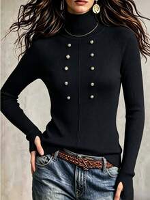 INAWLY Napoleon Style Metal Double-Breasted Commuter Versatile Street Fashion Knit Pullover Sweater - Black - View 6